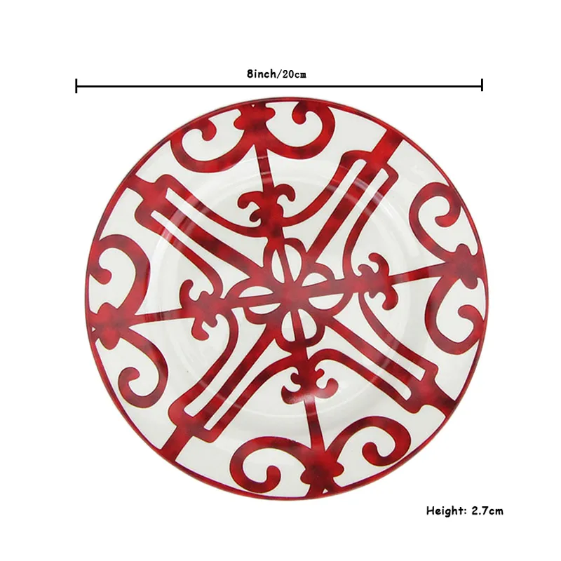 Prato de bife de cerâmica Xícara de café e pires Bone China Conjunto de louças Bandeja de comida ocidental Padrão vermelho 201116