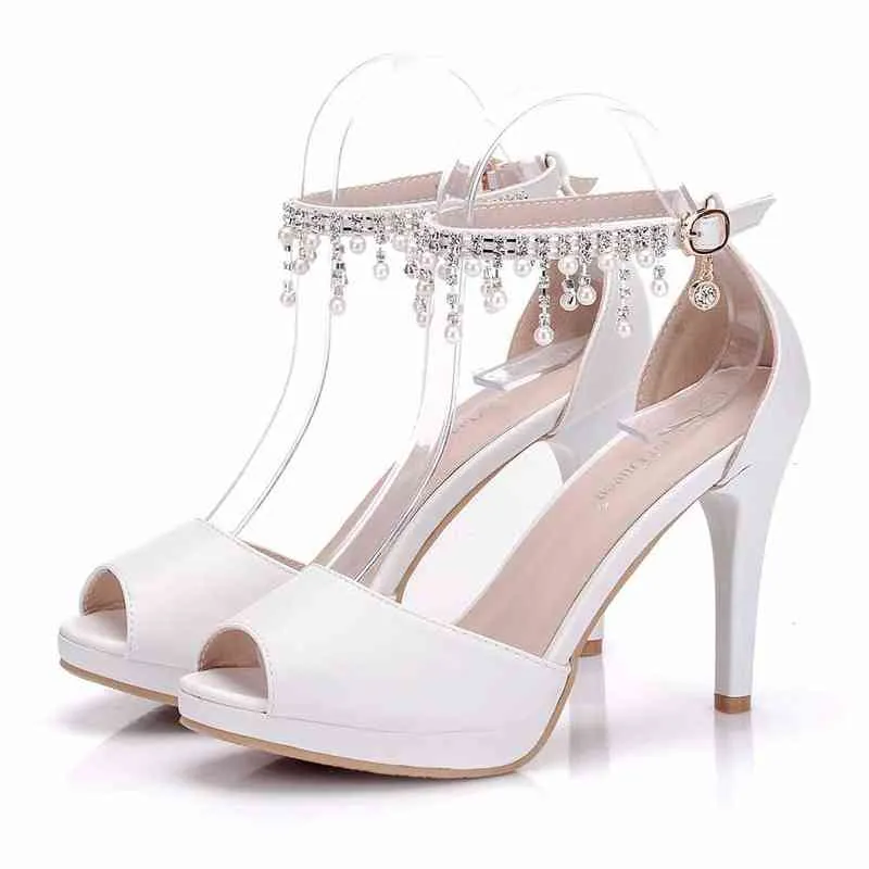 Sandels 2018 Sommar New Stiletto High Heeled Fih Mouth Women Tael Beaded Sandal Ett ord Spänne Caual Work Shoe 220303