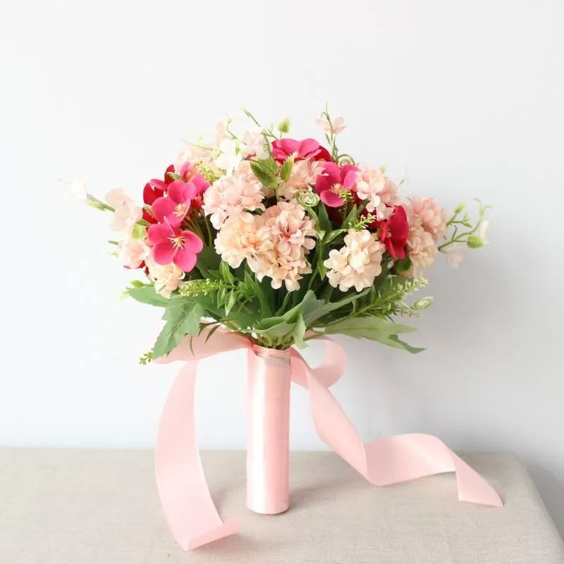 Mini Roses Bouquet avec ruban fleurs artificielles mariée mariage fleur maison fête voyage ornements 1269m