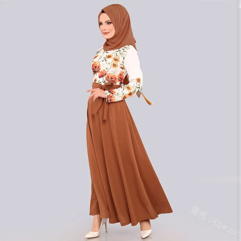Wepbel Women Muslim Dress Floral Tryckt Plus Storlek Abaya Bow Långärmad Robe Arab Dubai High Waist Patchwork Maxi Dress F1130