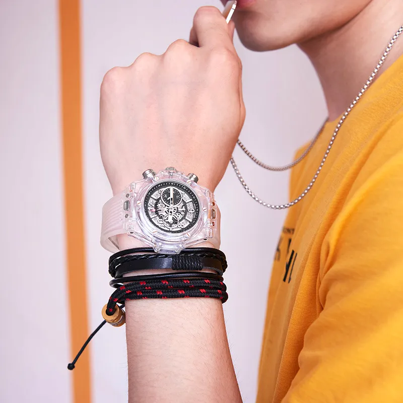 Moda transfronteriza Caja transparente de plástico Diseño Deportes Reloj multifuncional para hombre Relojes de pulsera con movimiento de cuarzo Pe90 para hombre 306d
