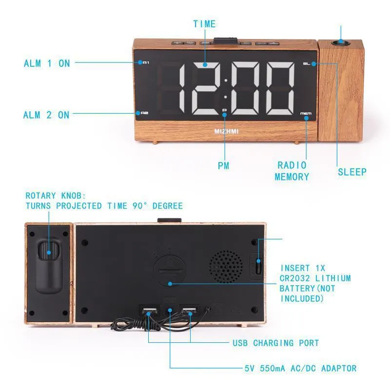 Projektions-Radiowecker, LED-Digital-Schreibtisch-Tischuhr, Schlummerfunktion, verstellbarer Projektor, FM-Radio mit Sleep-Timer, LJ200827