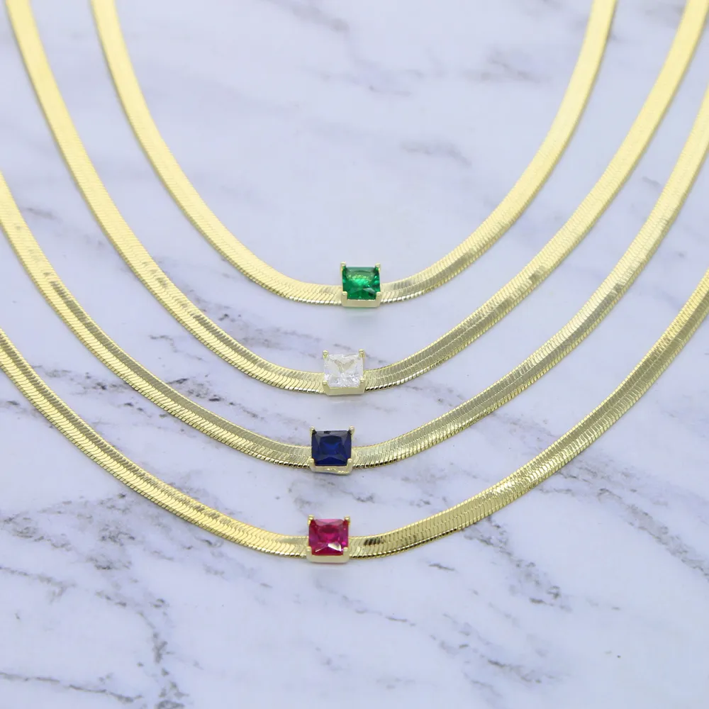 Iced Out Baguette REACHBOW Colorful CZ Paled 4mm Wide Snake Bone Chain Choker Halsband för Lady Women Jewelry Drop Ship197V