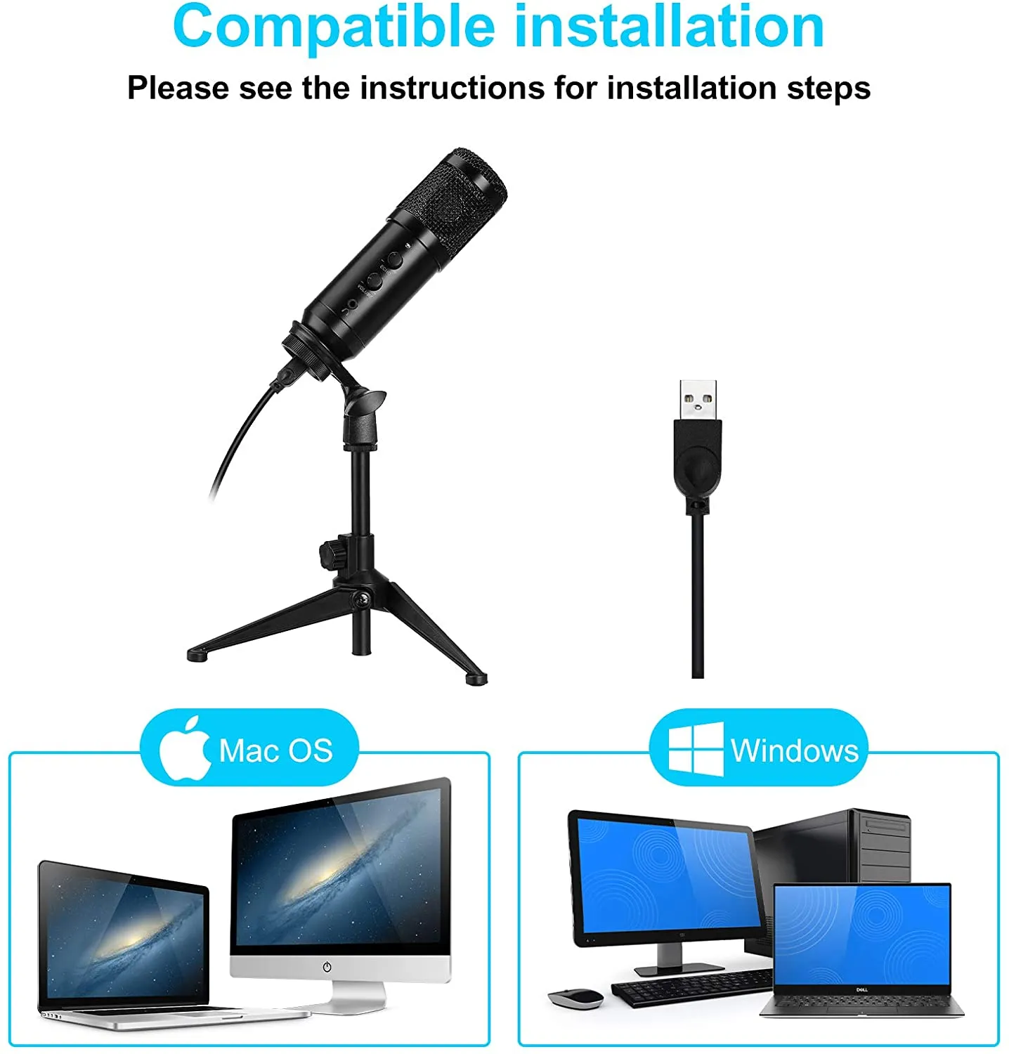 USB-microfoon voor computer, NASUM desktop podcast-microfoon met verstelbare metalen statiefstandaard, condensator-opnamemicrofoon voor gaming