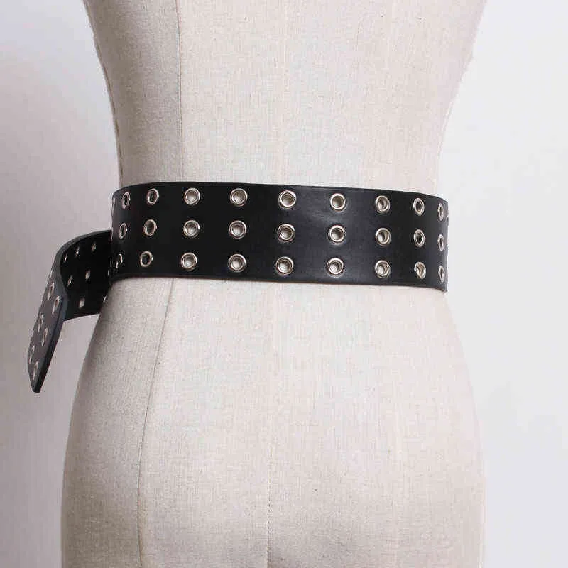 New Design Belts For Women Punk Silver Pin Buckle Belt Hollow Rivet Faux Leather Soft Black Waist Strap Jeans Dress Double Layer G220301