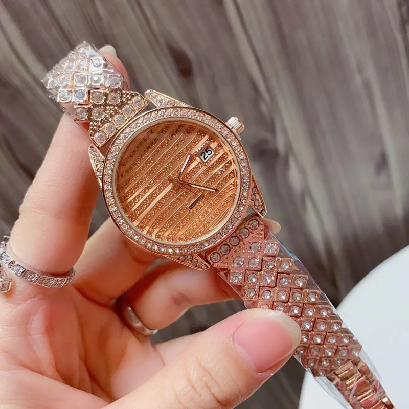 Modemarke Quarz-Armbanduhr für Frauen Mädchen mit Kristall-Stil Metall-Stahl-Band Uhren R144