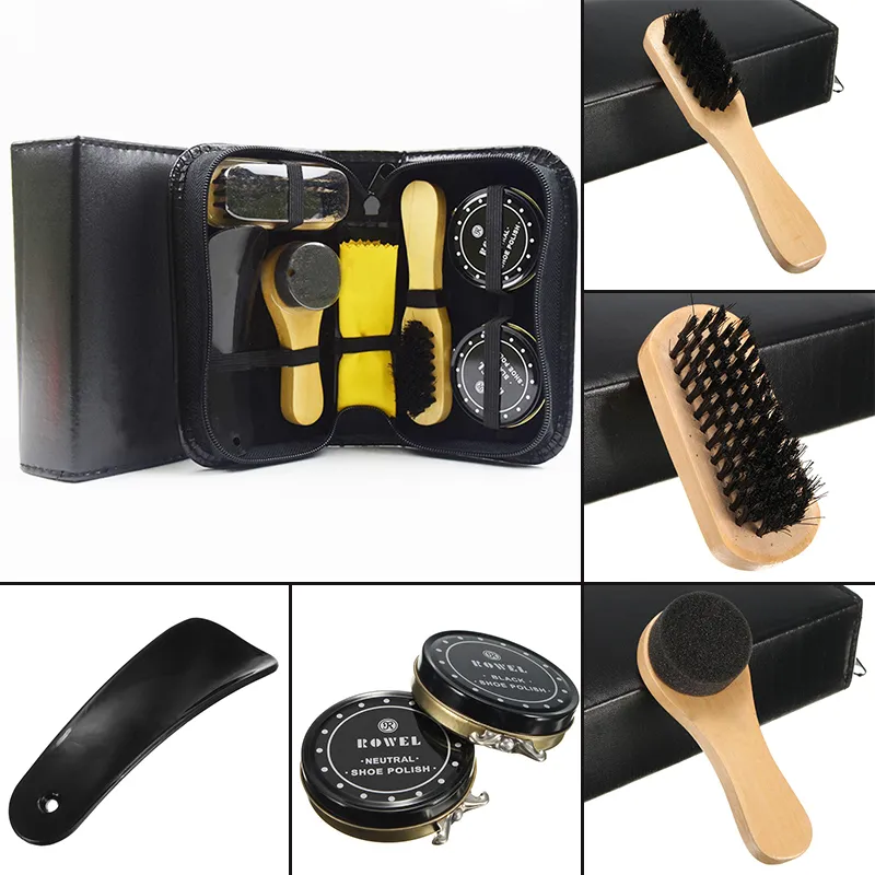 HQ 7 in 1 Travel Case Black & Neutral Shoe Shine Polish Brushes Cleaning Set Kit