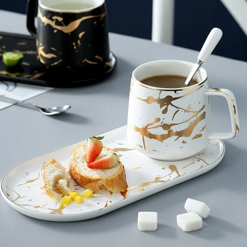 MUZITY Ceramic Milk with Breakfast Plate Porcelain MarbleTea Mug and Saucer One Person Set Q1222