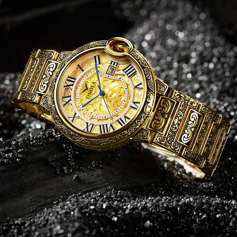 Vintage klassisk gränsöverskridande mode retro mens stor platta guldklocka stålklocka Mens Gold Watch2522
