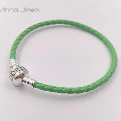 High quality Fine Jewelry Woven 100% genuine Leather Bracelet Light Green Mix size 925 Silver Clasp Bead Fits Pandora Charms Bracelet DIY Marking  for women men gifts