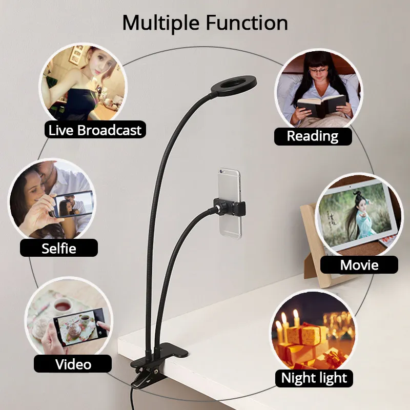 Anello luminoso a LED selfie con supporto flessibile telefono cellulare con braccio lungo Clip da tavolo Lampada ad anello USB telefono Youtube Tiktok Live Stream