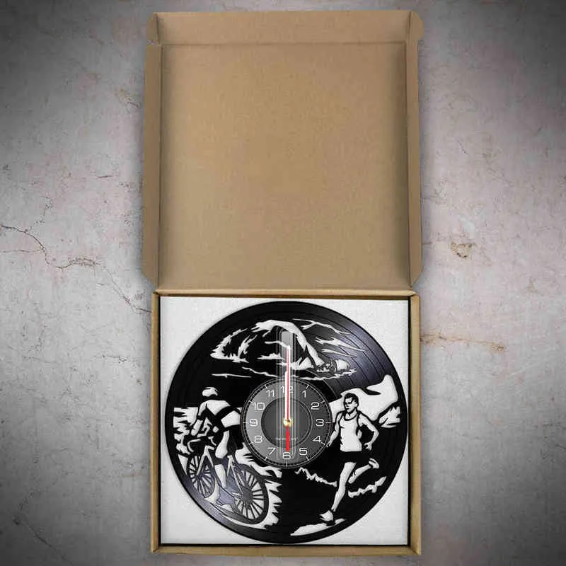 Triatholon Vinyl LP запись настенные часы Tricatlete человек пещерный декор плавательный велосипед работает многоспортная гонка современные кварцевые настенные часы H1230