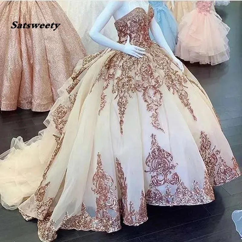 Rose Gold Sparkly Quinceanera Prom Dresses 2022 Modern Sweetheart Lace Applique Sequin Ball Gown Tulle Vintage Evening Party340U