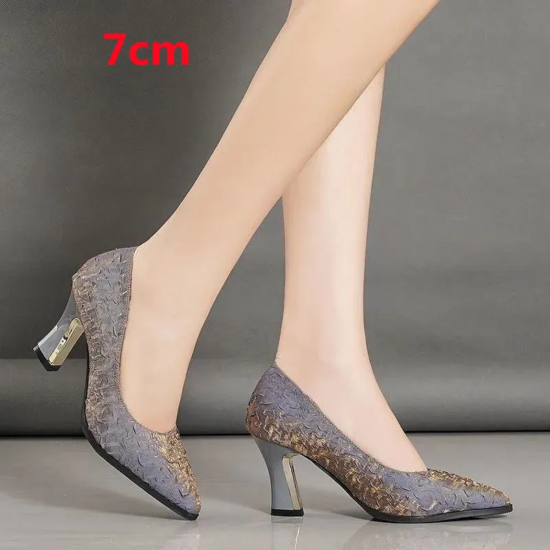 Zapatos Dama femmes mode motif bleu 7cm pompes à talons hauts pour la fête dame classique bureau élégant chaussures à talons A9328
