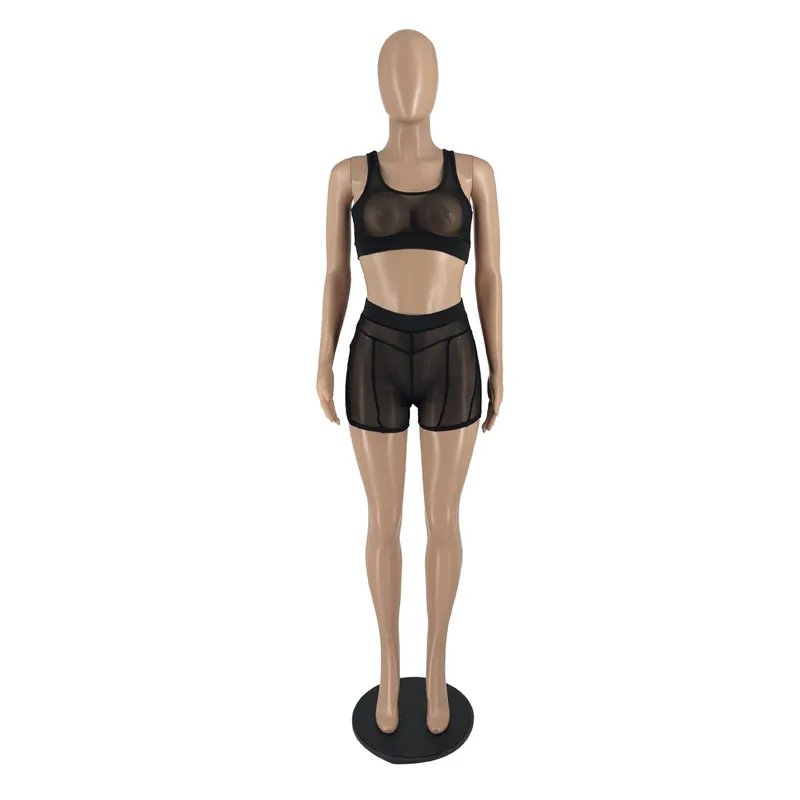 Sheer Outfits Sexy Two Piece Set Women Tracksuits Clothes Solid Color Mesh Clubwear Tank Tops Shorts Beach Wear See through Nightclub Short Suits 7162