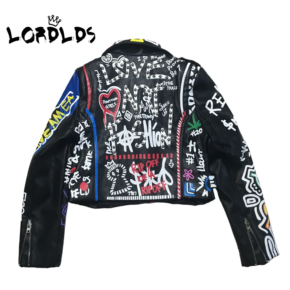 Lordssレザージャケット女性落書きカラフルなプリントバイカージャケットとコートパンクストリートウェアレディース服201026