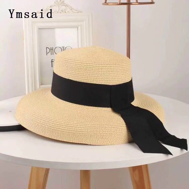 ymsaid women's Sun Summer Beach Straw women boater Hat with libbon tie for Vacation Holiday holidy audrey hepburn y2006022670