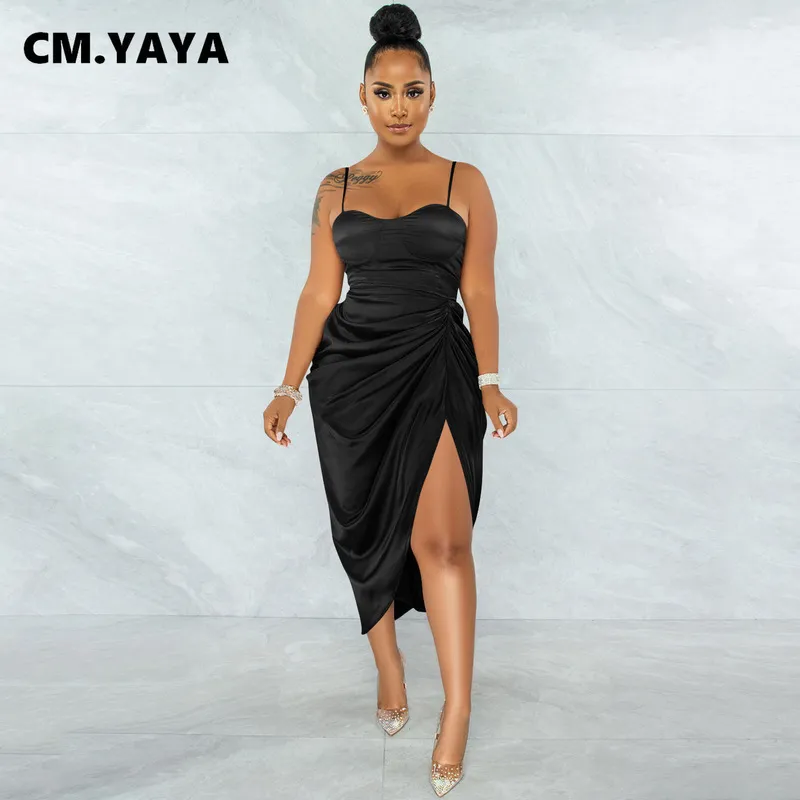 CM.YAYA Women Spaghetti Strap Sweetheart Neck Ruched Side Slit Dress Autumn Winter Sexy Club Party Night Irregular Dresses 220308