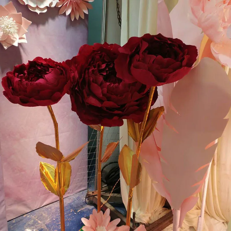 거대한 종이 꽃 큰 모란 머리 나뭇잎 DIY 홈 웨딩 파티 사진 배경 벽 무대 장식 패션 공예 Y0104
