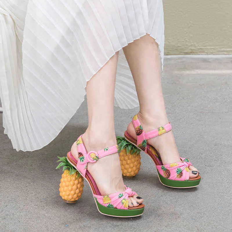 Sandals Phoentin pineapple high heels buckle strap sandals pink printed Peep-Toe Pumps summer platform shoes women novelty FT919 220121