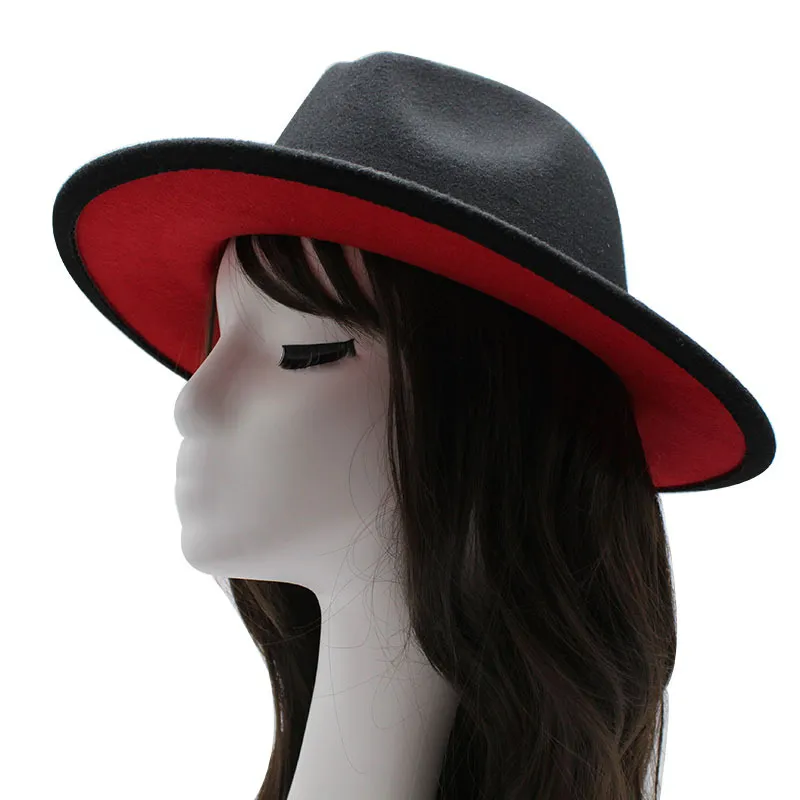 Fake Wool Felt 2 Tone Different Color Wide Brim Women Men Fedora Hat Brown Red Patchwork Jazz Party Formal Hat with Thin Black Bel232y