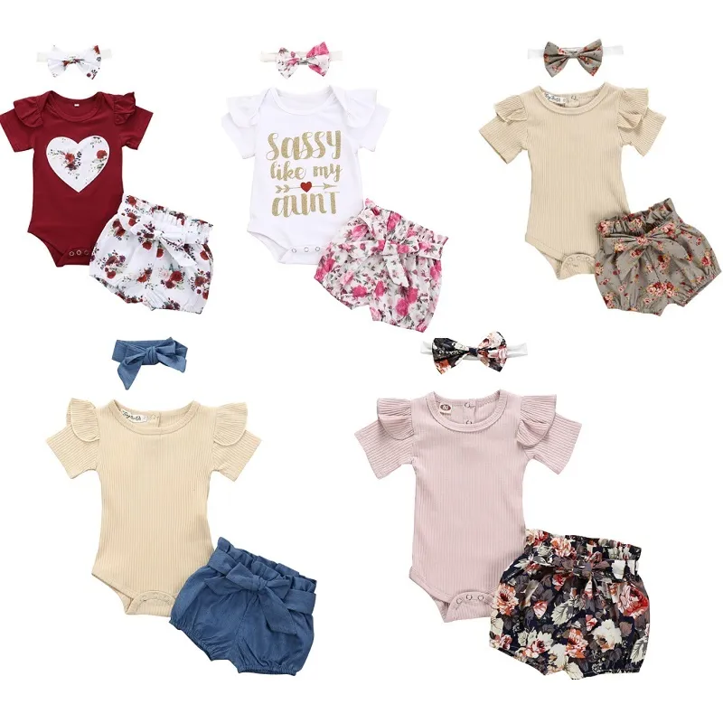 Neugeborene Baby Mädchen Kleidung Sets Sommer Kurzarm Bowtie Strampler + Shorts Kleid + Stirnband Infant Baby Mädchen Kleidung Outfit LJ201223