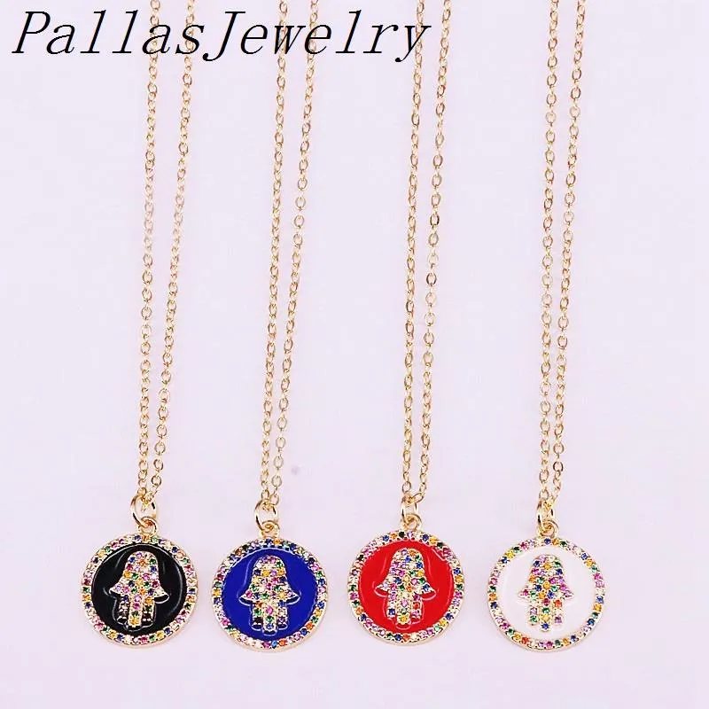 Pendant Necklaces Fashion Rainbow CZ Pave Hamsa Hand Enamel Charm Round Gold Jewelry For Women1219K