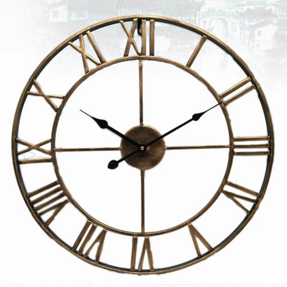 40 / 47cm nordique métal chiffres romains horloges murales rétro fer visage rond or noir grand jardin extérieur horloge décoration de la maison LJ200827