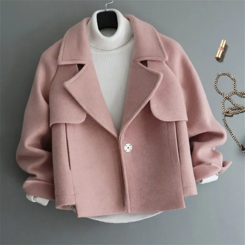Novo elegante casaco de lã colarinho de lã mulheres inverno único botão casacos moda sólida outwear senhora casaco curto ropa de mujer 201218
