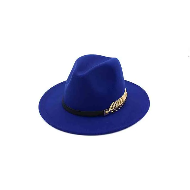 2022 mode Design femmes chaud hiver laine métal feuille ceinture Fedora casquette large bord Cowboy chapeau AD0779