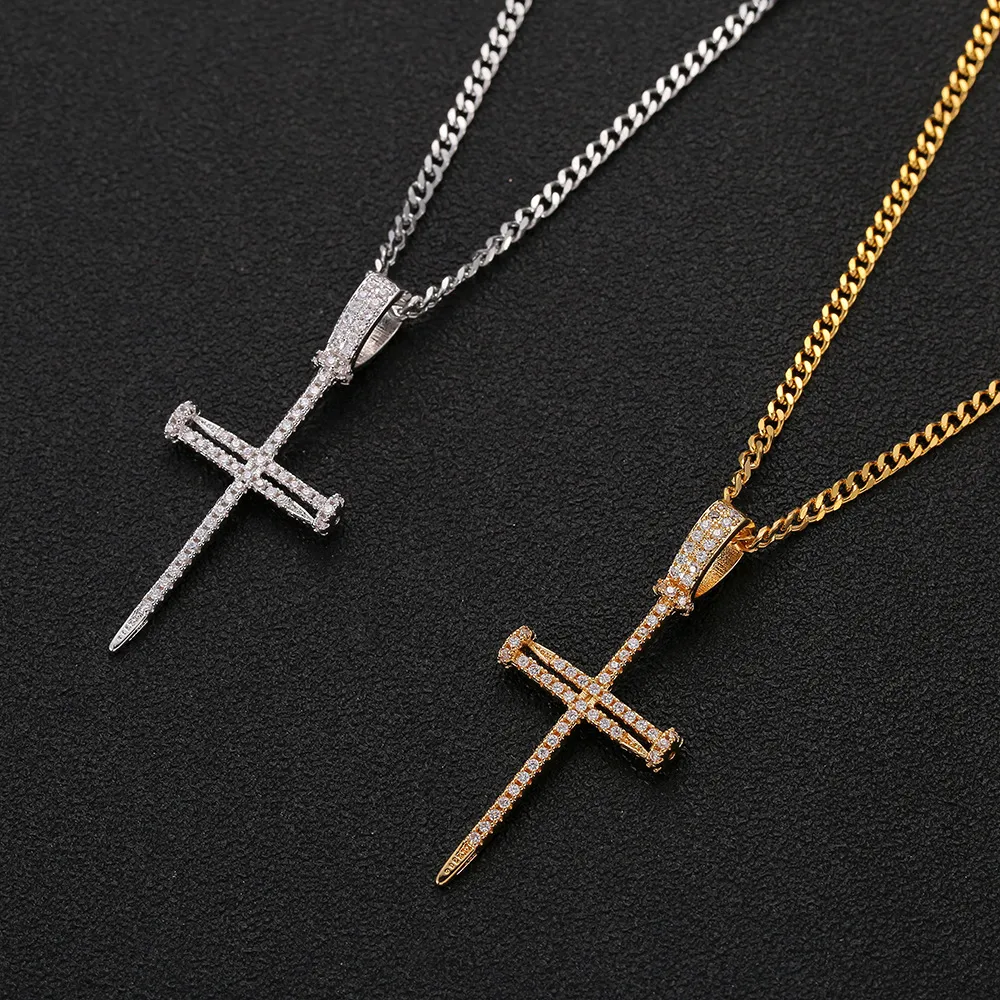 Nail Cross Pendant Gold Silver Copper Material Iced CZ Pendants Necklace With Chain Fashion Hip Hop Jewelry326P