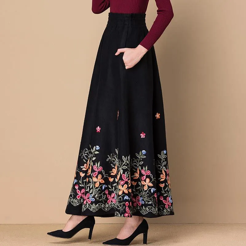 Czarny fliblower haftowany wełniany maxi spódnica kobiety eleganckie wysoką talię swobodne spódnice mama moda spódnica plus size