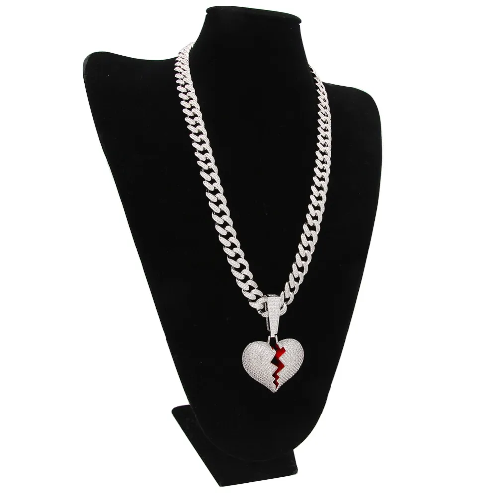 Hip Hop Jewelry Designer Necklace Iced Out Pendant Cuban Link Chain Gold Diamond Break Heart Pendants Luxury Bling Charm Rapper Me3354