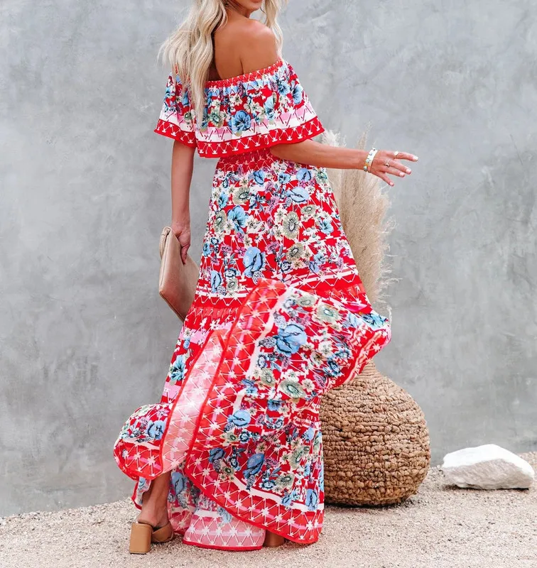 Sommartryck vintage långa klänningar för kvinnor sexig off-shoulder ruffle mode boho fest maxi klänning damer strand sundress 220215