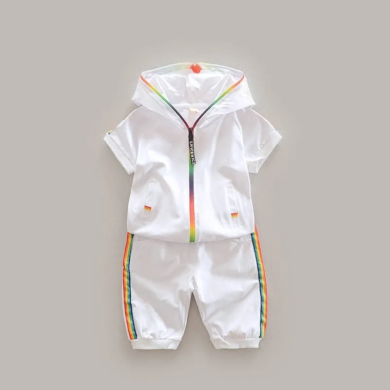 Barn sommar bomullskläder Baby Boys Girls Candy-Colored Zipper Hoodies Kort 2 st / set Kids Short Sleeve TwinSets TrackSuit 201126