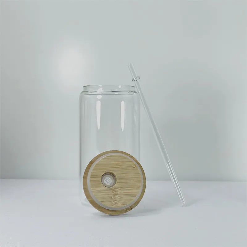 Lokalt lager 16oz sublimering klart frostat glas ölmuggar med bambu lock och återanvändbar halm värmeöverföring glas soda can2013