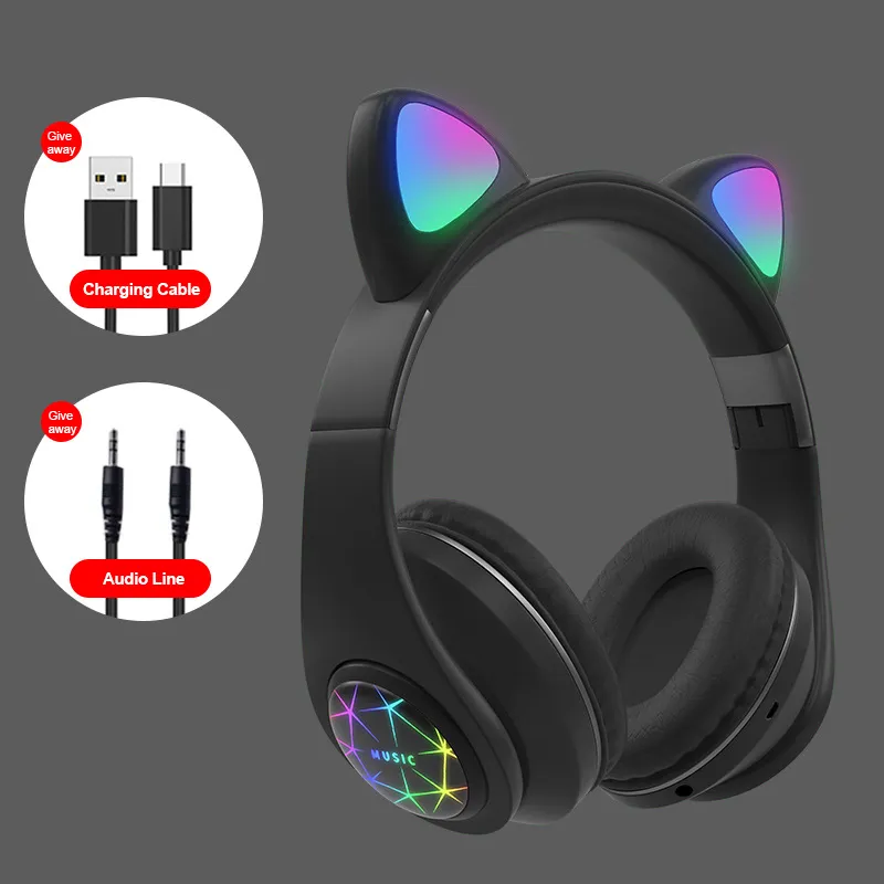 Auriculares M2 con orejas de gato, auriculares luminosos montados en la cabeza, auriculares inalámbricos con Bluetooth con micrófono, manos libres, regalos para niños