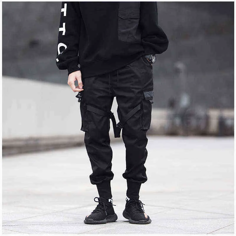 Homens Calças de Carga Preto Fitas Harem Jogos Casuais Algodão Streetwear Bolsos Hip Hop Pants Pants Harajuku Maré Moda Calças G220224