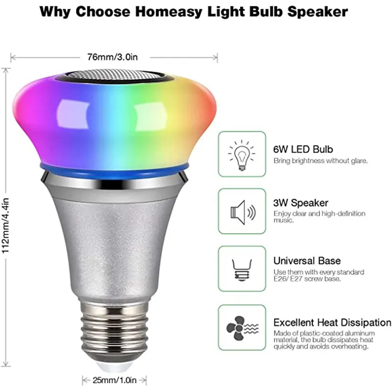 Bluetooth -glödlampans högtalare multiplicerar RGB Smart LED -glödlampor Synkron musikspelarapp eller fjärrkontroll E27 8W 12W237Z