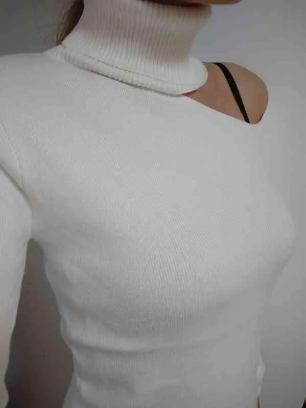 Pull tricoté hors épaule pulls pull pour femmes à manches longues col roulé femme pull noir blanc Sexy vêtements 211221