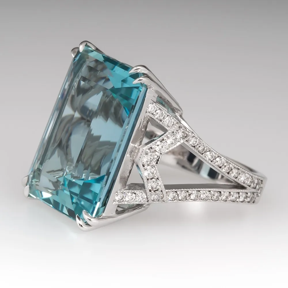 Couleur argentée 925 Princesse Sea Blue Topaz Diamond Diamond Ring Square Gemstone Bizuteria anillo 925 Bijoux pour femmes Boîte à anneau saphir y111029261