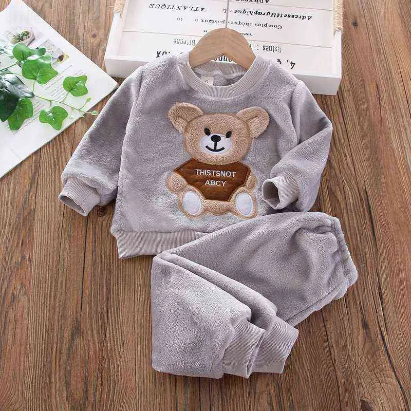 Barn mode kläder uppsättningar baby pojke flicka höst vinter flanell pyjamas toddler t-shirt byxa 2st / set casual homewear 211224