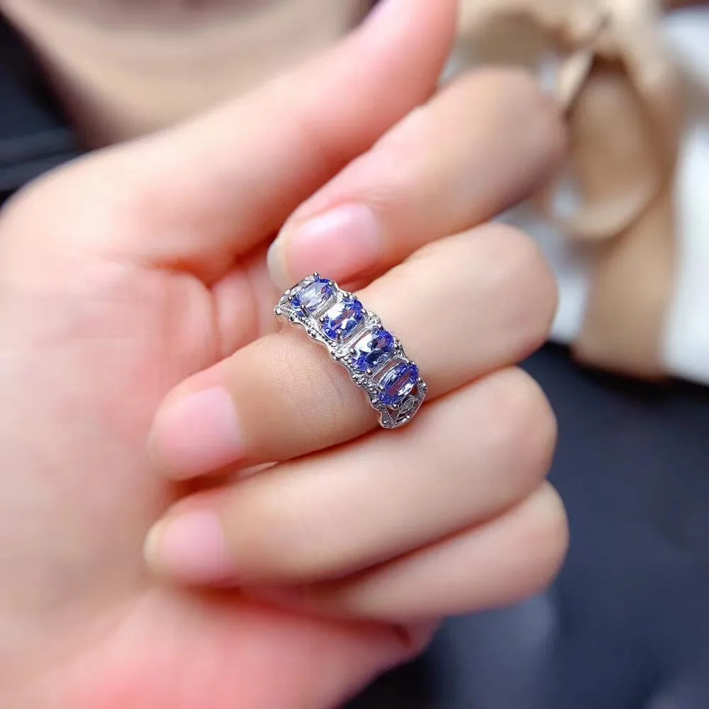 Natural Tanzanite Ring S925 Sterling Silver Lady White Gold Jewelry Natural Gemstone Jewelry, Simple Row Ring Lady's Jewelry J0112