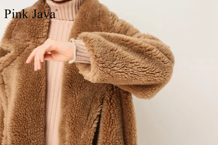 Pink Java QC1848 Nouvelle arrivée Livraison gratuite Manteau de fourrure de mouton réel Style long Manteau en peluche chameau sur la taille Manteau d'hiver pour femme 201215