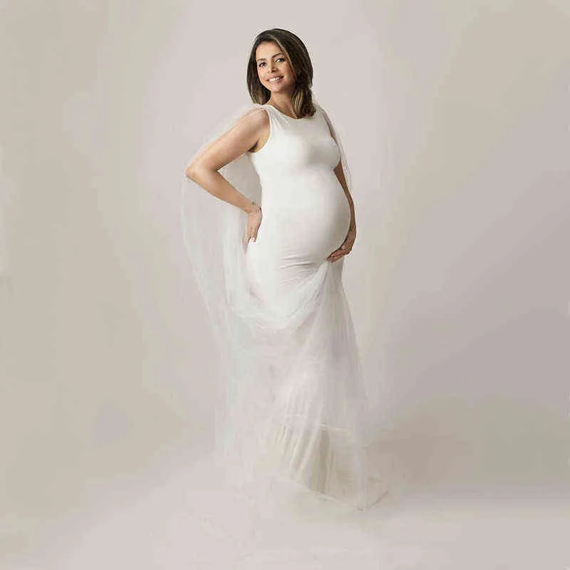 Ärmelloses Jersey-Babyparty-langes Kleid mit Tüllumhang, schwangeres Frauenkleid für Fotoshooting, Umstandsfotografie, Meerjungfrauenkleid AA220309