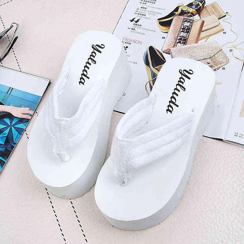 Tofflor 7cm högklackade kvinnor sommar vit koreansk sluttning med flip flop plattform sandal semester resa sandal kvinna shoe220308