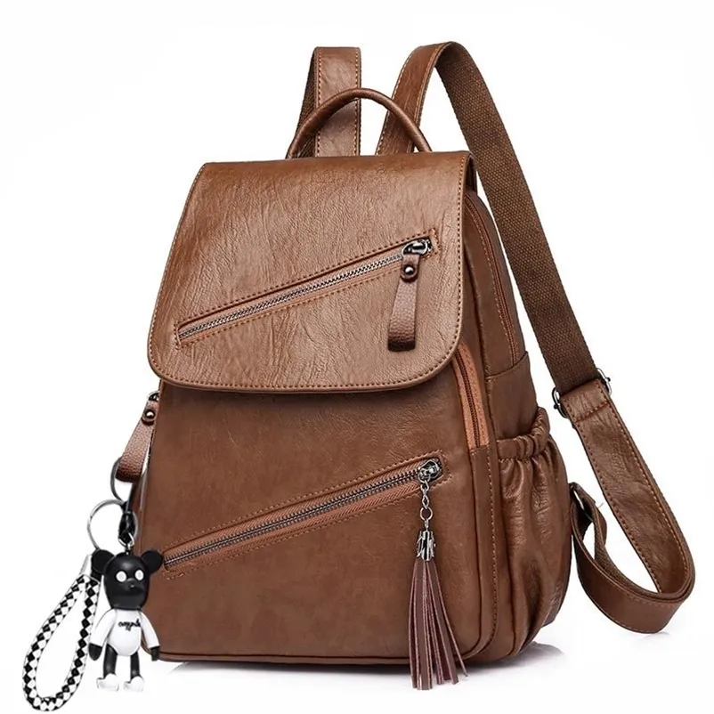 Vintage Tassels Ryggsäck Kvinnor Retro Pu Leather Rucksack Big Capacity School Bag For Teenager Girl Travel Bolsas Y201224247N