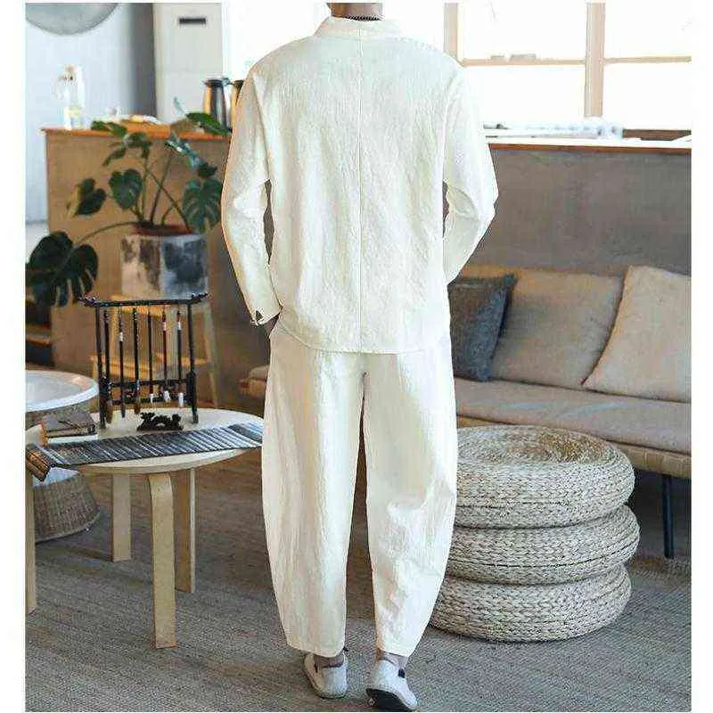 5XL Men's Set Casual Suit Cotton Linen Shirt + Ankle Pants Sets Oversize Men T-shirt Male Summer Tracksuit XXXXXL 211220