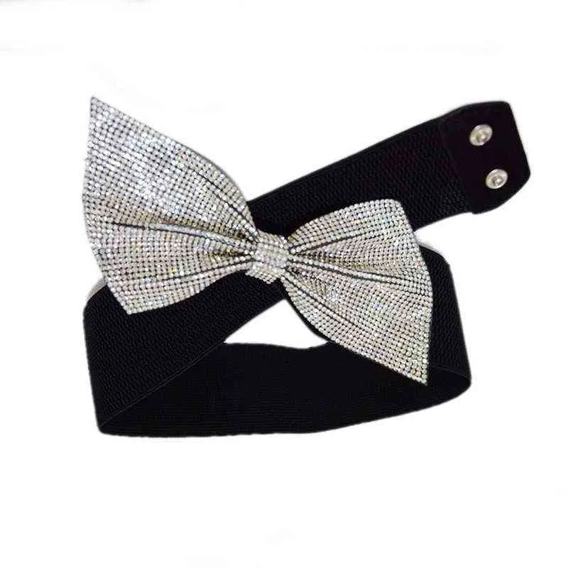 Fashion Charm New Rhinestone Bow Elastic Women Belt Decoration Dress Coat Black Corset Belt Stretch Ladies Accessories Waistband G220301