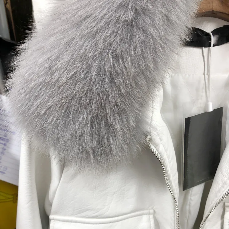 Big Real Fox Fur Collar New Mulheres Inverno Quente Faux Casacos De Couro Motocicleta PU Jaqueta De Couro Casaco Quente Feminino 201028